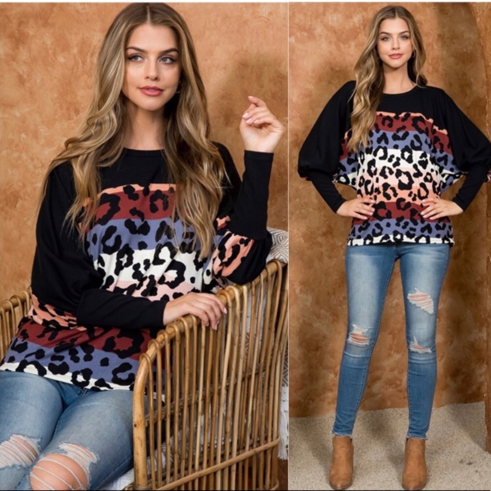 Women’s cashmere feel leopard printed colorblock stylish trendy fall top